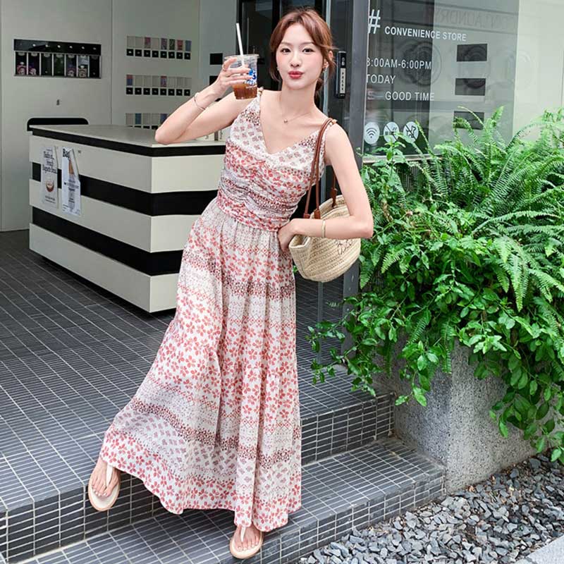 小花柄ティアードロングワンピース