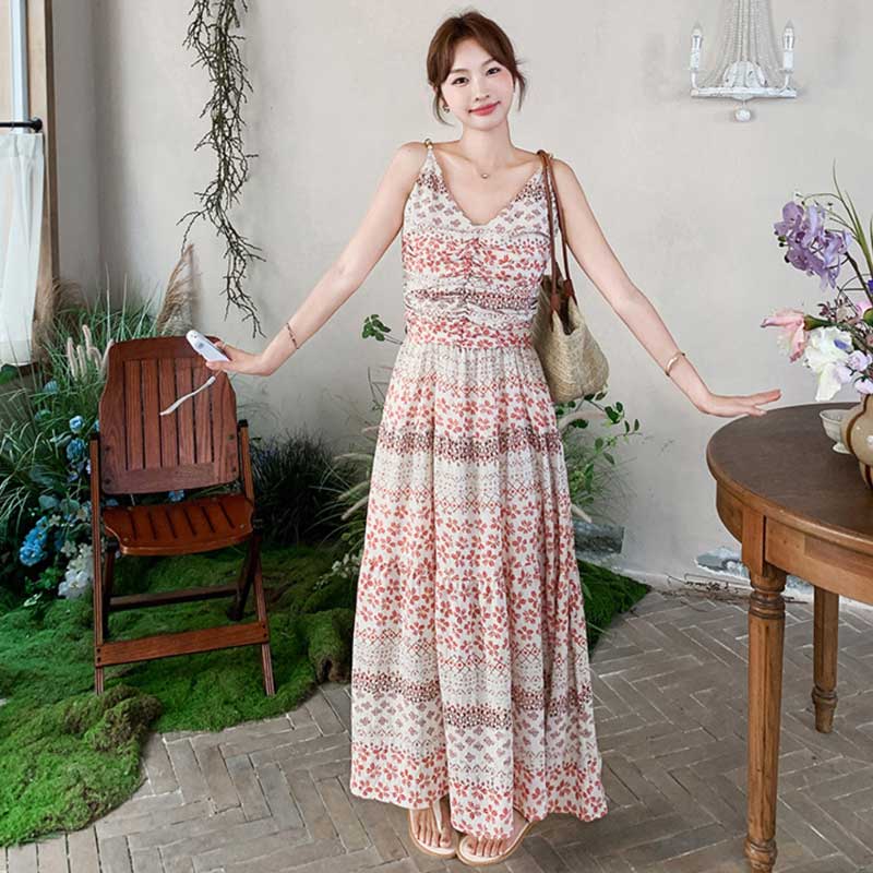 小花柄ティアードロングワンピース