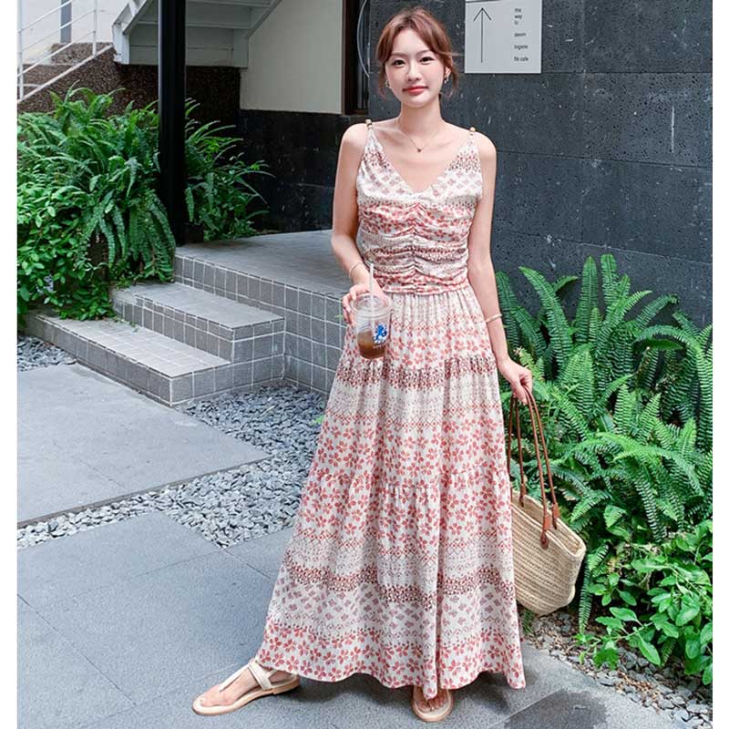 小花柄ティアードロングワンピース