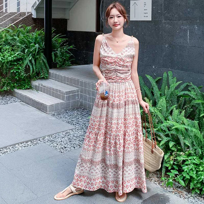 小花柄ティアードロングワンピース