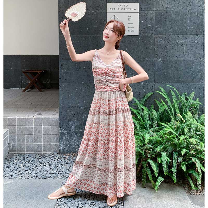 小花柄ティアードロングワンピース