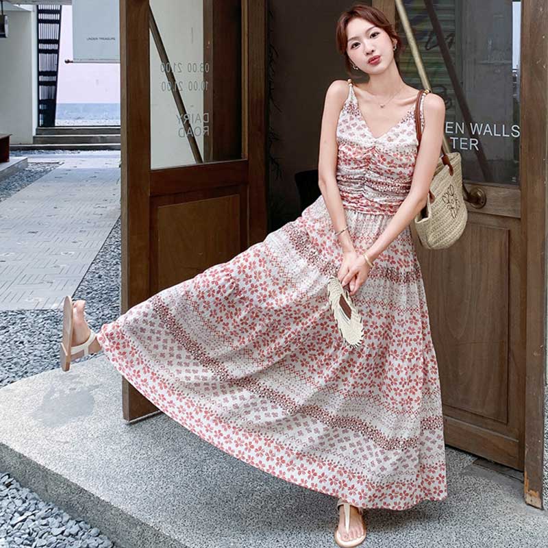 小花柄ティアードロングワンピース