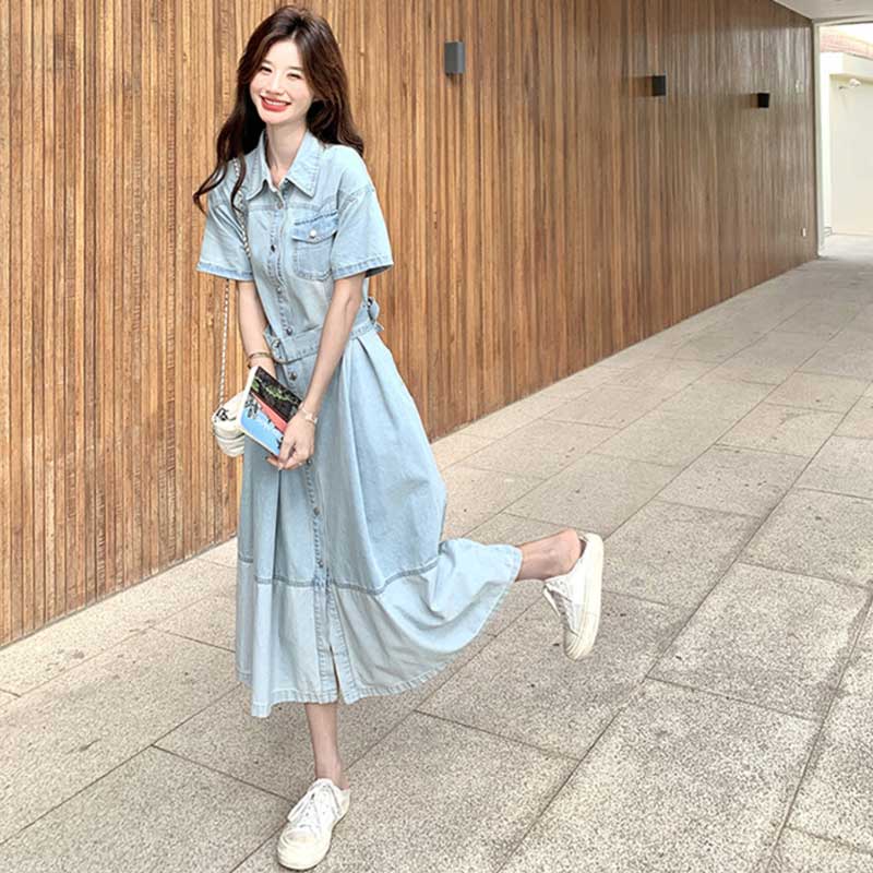 ライトブルーデニムシャツワンピース
