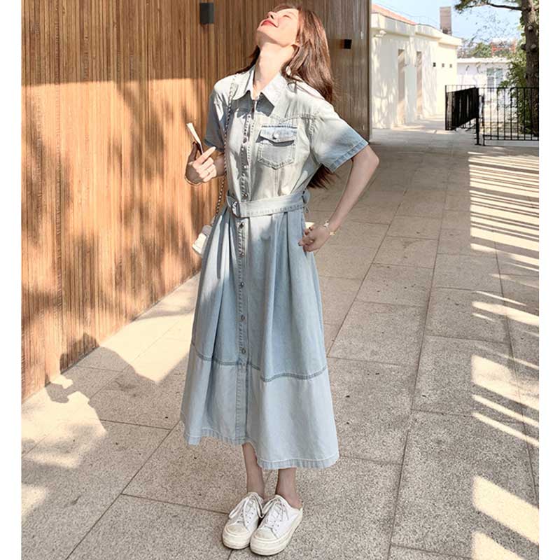 ライトブルーデニムシャツワンピース