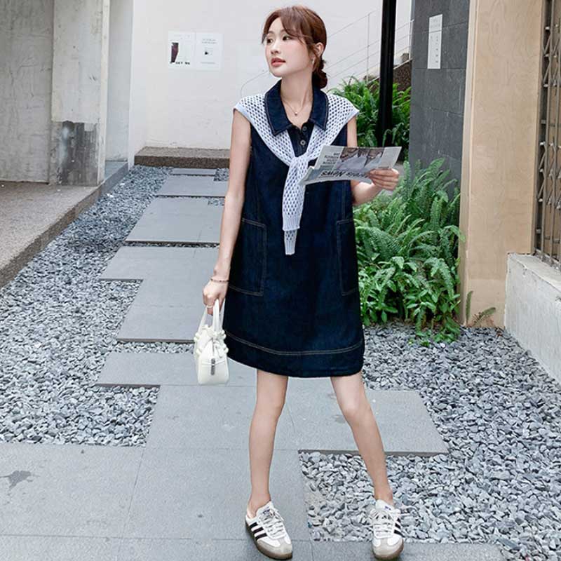 肩掛けカーデ風デニムワンピース