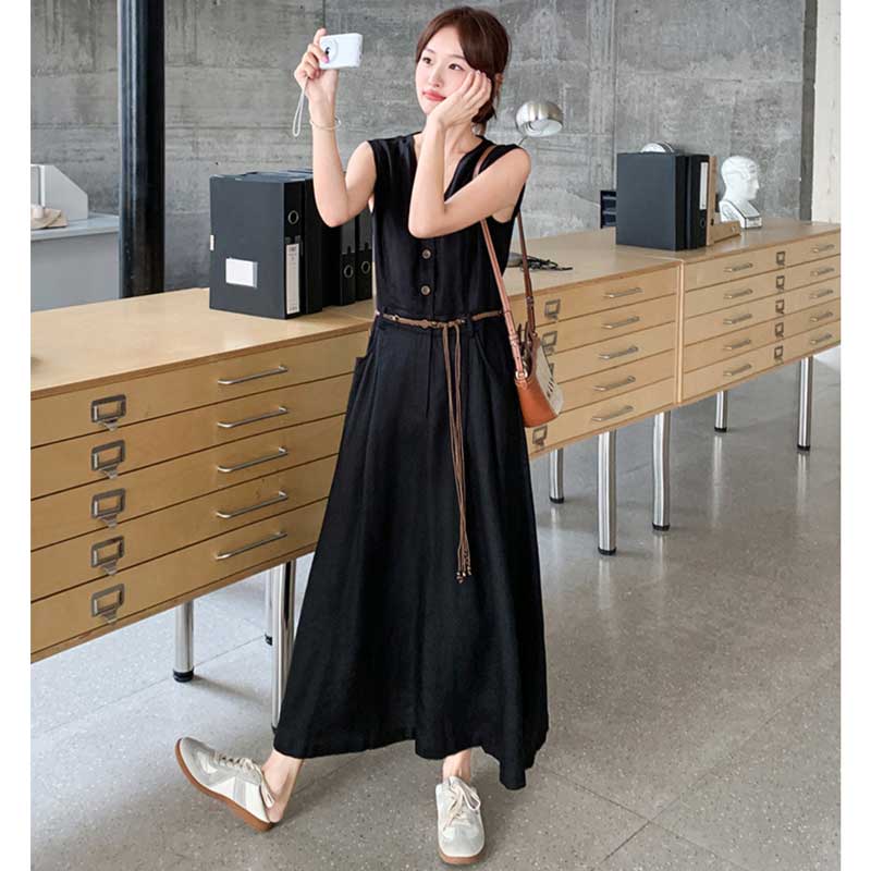 Vネックフロントボタンノースリーブワンピース