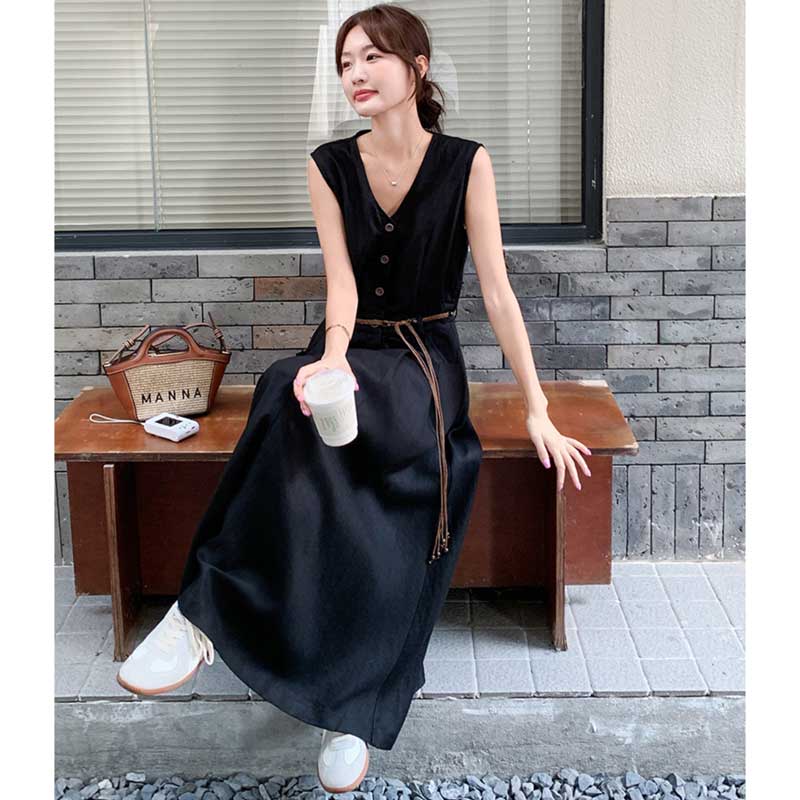 Vネックフロントボタンノースリーブワンピース