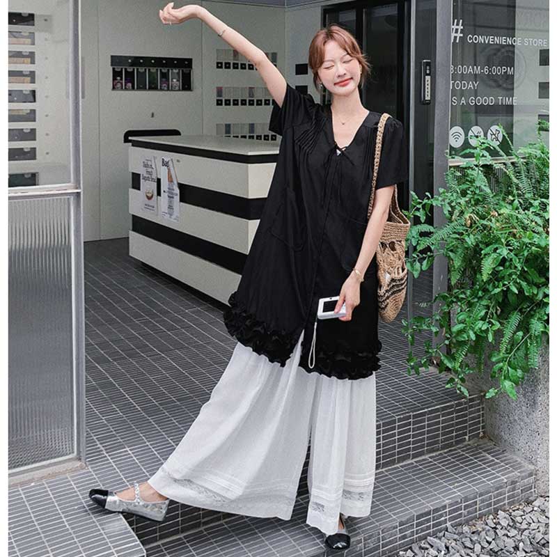 フリルチュニックブラウス×ワイドパンツ