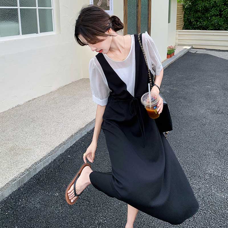 レイヤード風Vネックジャンパースカートワンピース