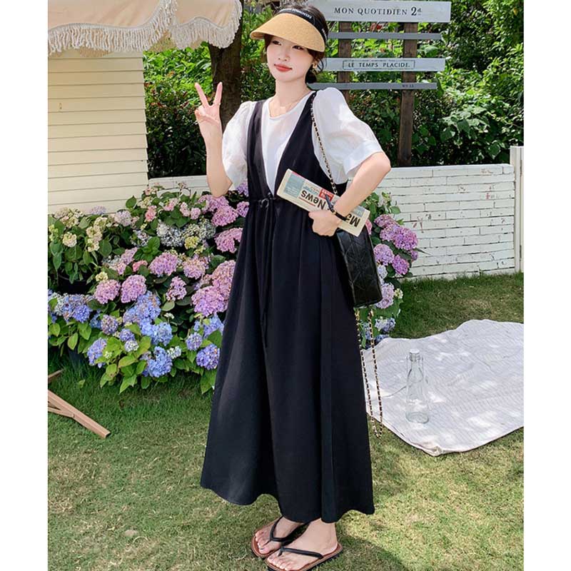 レイヤード風Vネックジャンパースカートワンピース