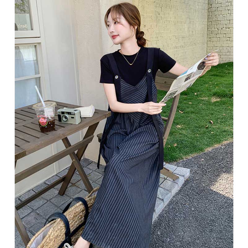 【即納】Tシャツ×ストライプ柄ワイドサロペットパンツ