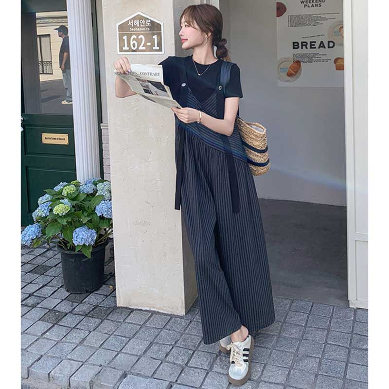【即納】Tシャツ×ストライプ柄ワイドサロペットパンツ