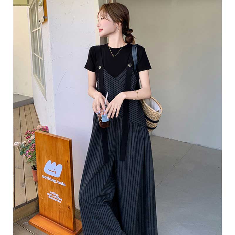 【即納】Tシャツ×ストライプ柄ワイドサロペットパンツ