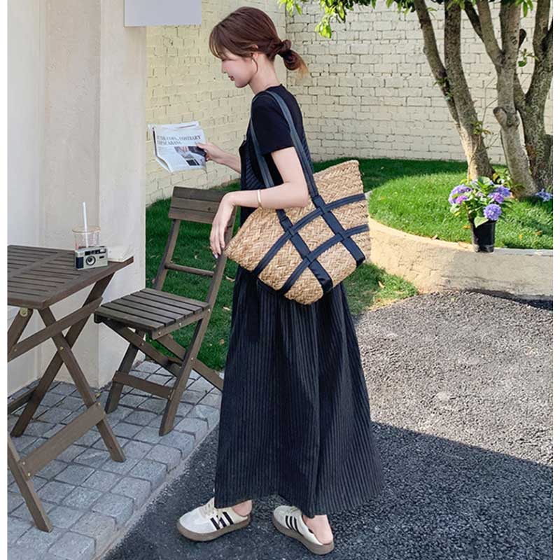 【即納】Tシャツ×ストライプ柄ワイドサロペットパンツ