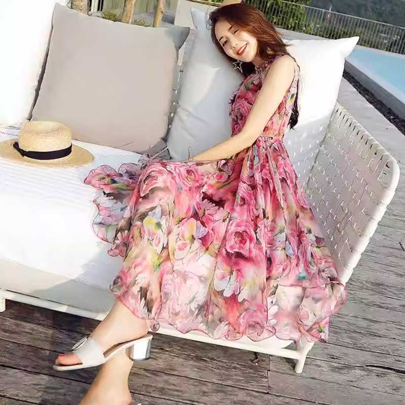 フリルネック花柄シフォンワンピース(2colors)