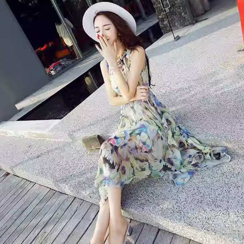 フリルネック花柄シフォンワンピース(2colors)