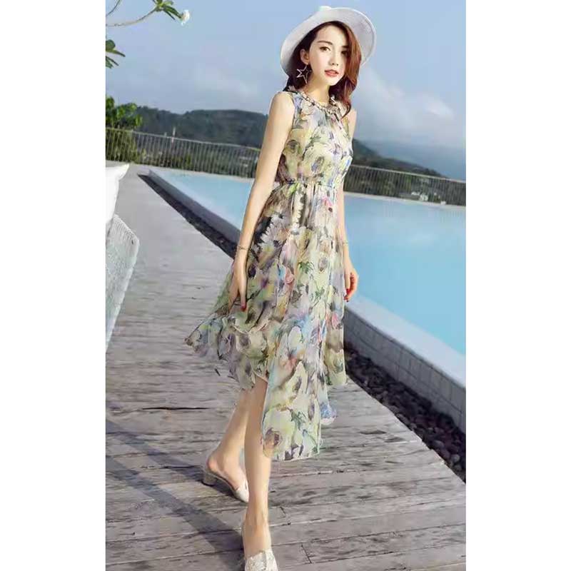 フリルネック花柄シフォンワンピース(2colors)