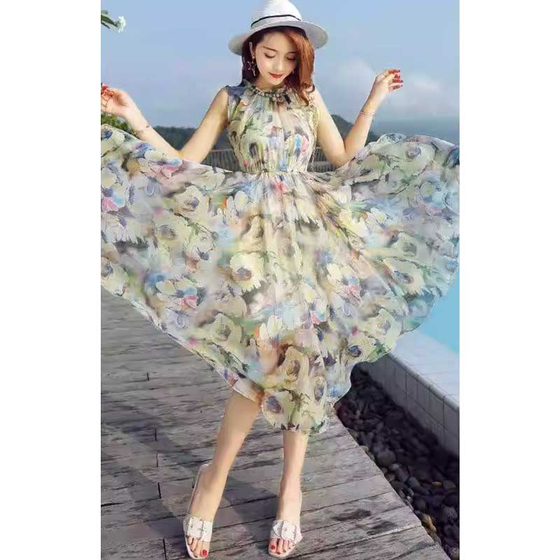 フリルネック花柄シフォンワンピース(2colors)
