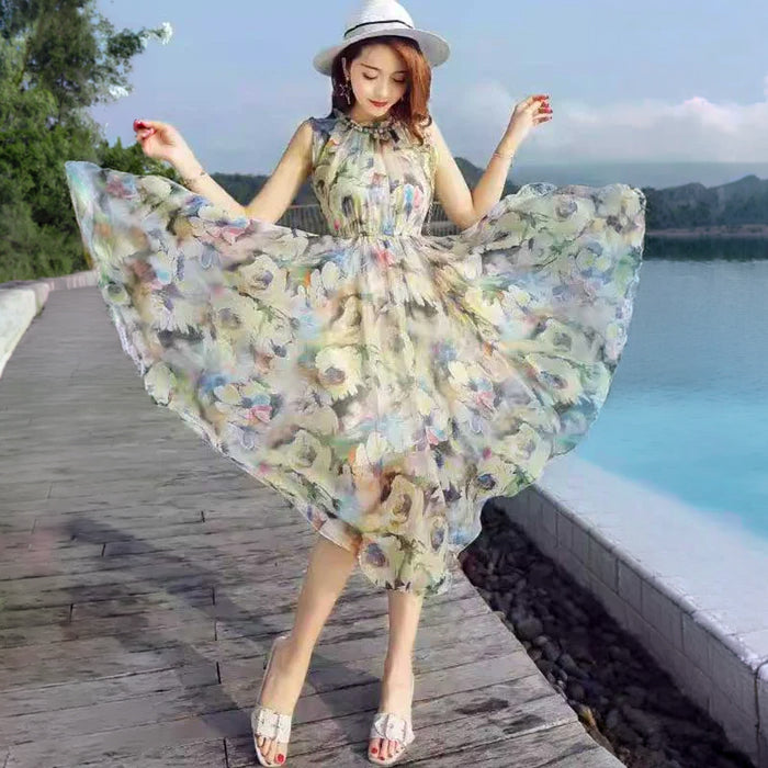 フリルネック花柄シフォンワンピース(2colors)