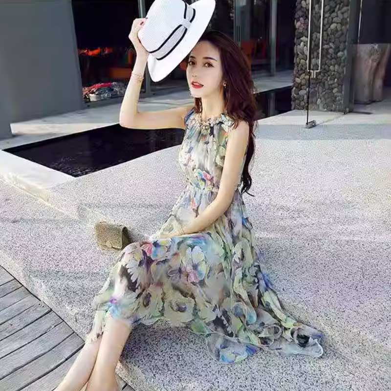 フリルネック花柄シフォンワンピース(2colors)
