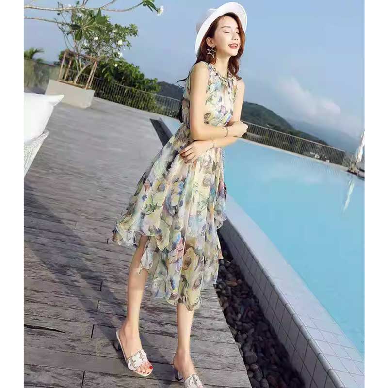 フリルネック花柄シフォンワンピース(2colors)
