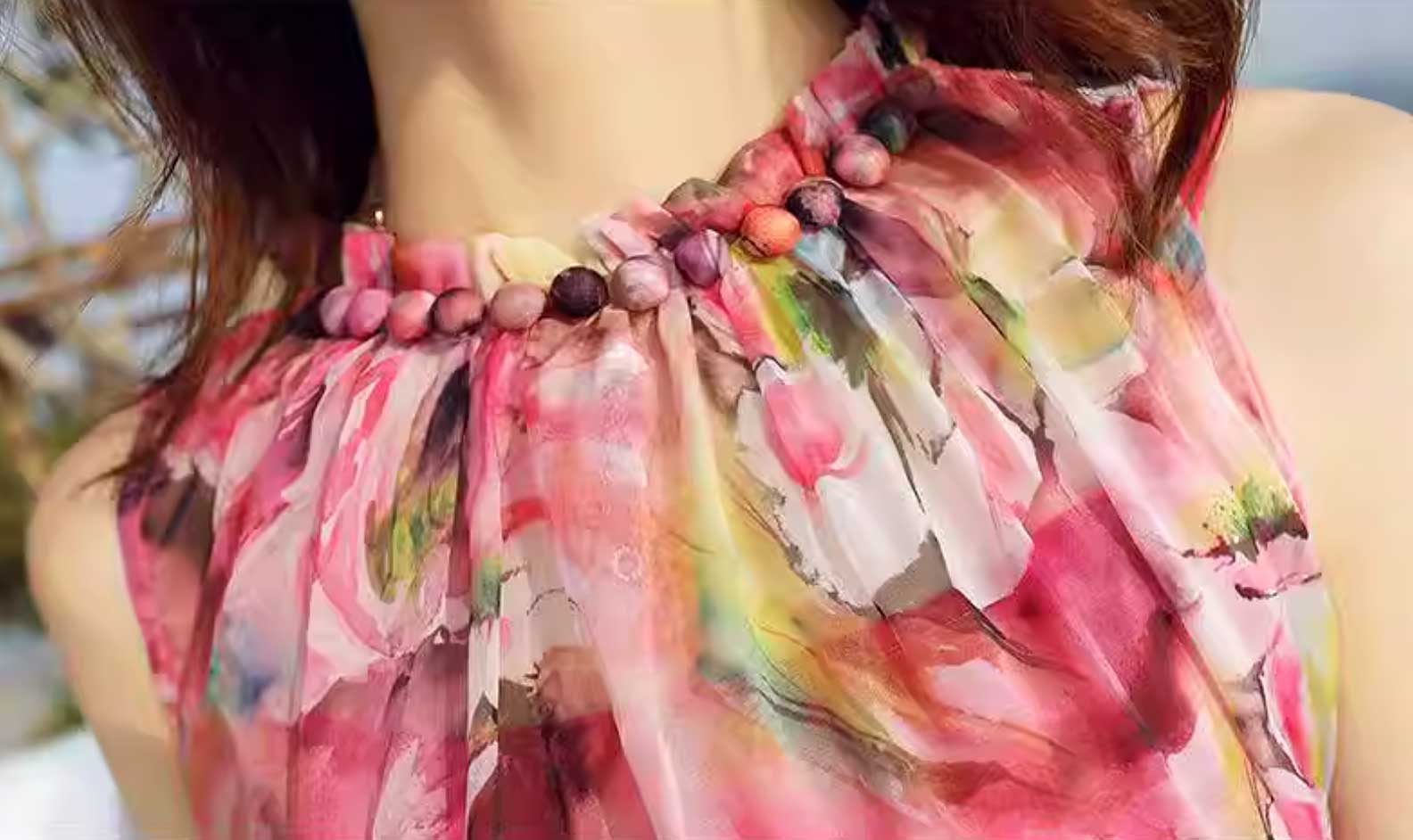 フリルネック花柄シフォンワンピース(2colors)