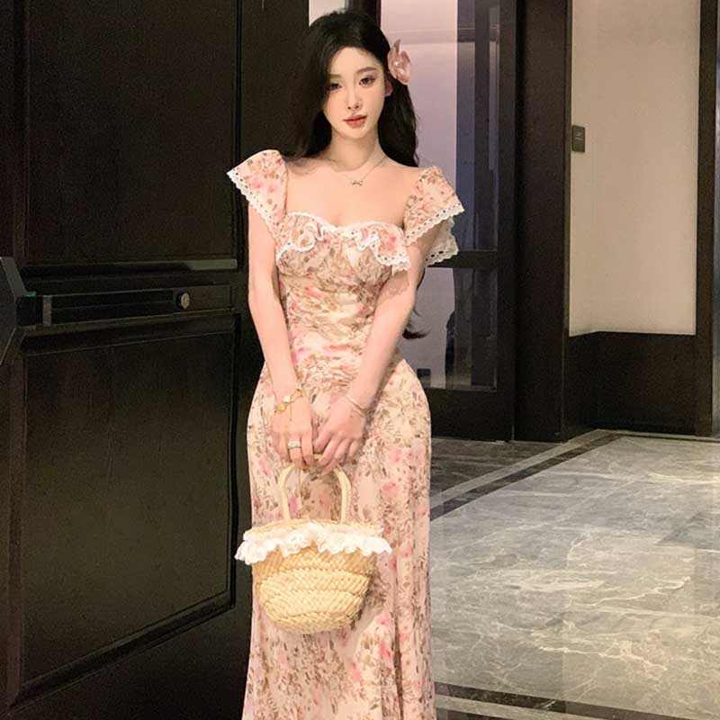 オフショルダー花柄ロングワンピース