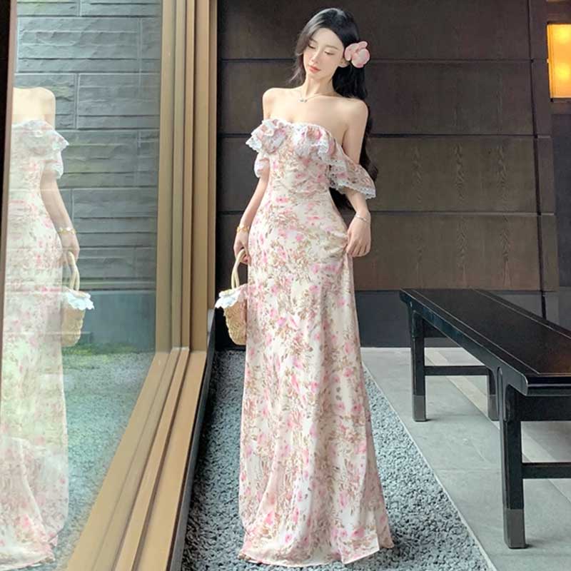オフショルダー花柄ロングワンピース