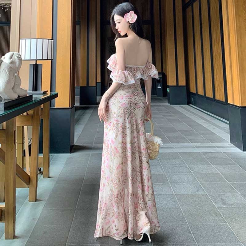オフショルダー花柄ロングワンピース