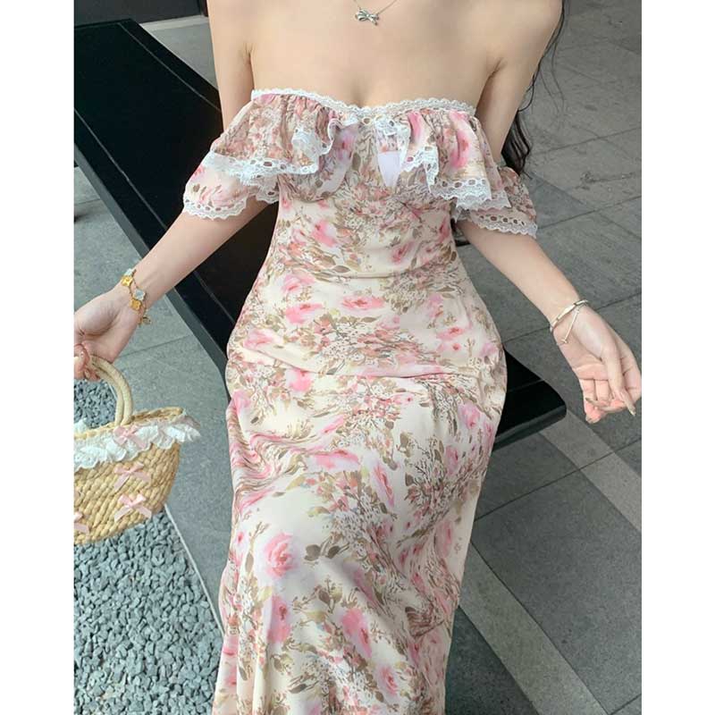 オフショルダー花柄ロングワンピース