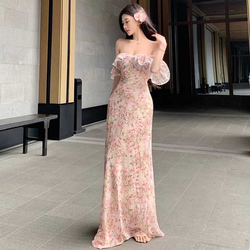 オフショルダー花柄ロングワンピース