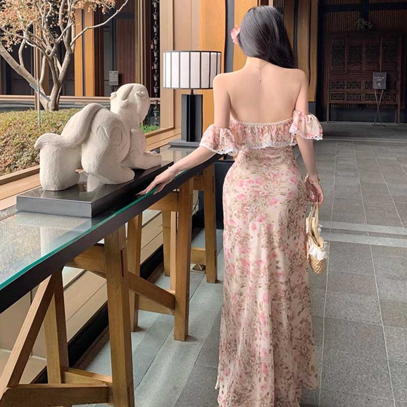オフショルダー花柄ロングワンピース
