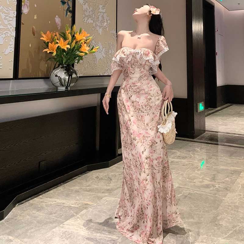 オフショルダー花柄ロングワンピース