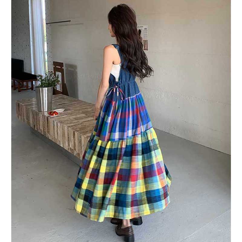 パッチワークチェック柄ロングワンピース