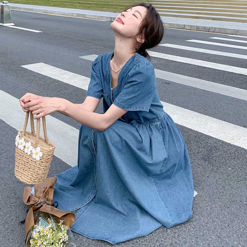 Vネックデニムシャツワンピース