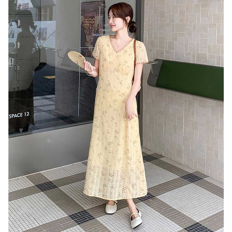 Vネック小花柄ロングワンピース