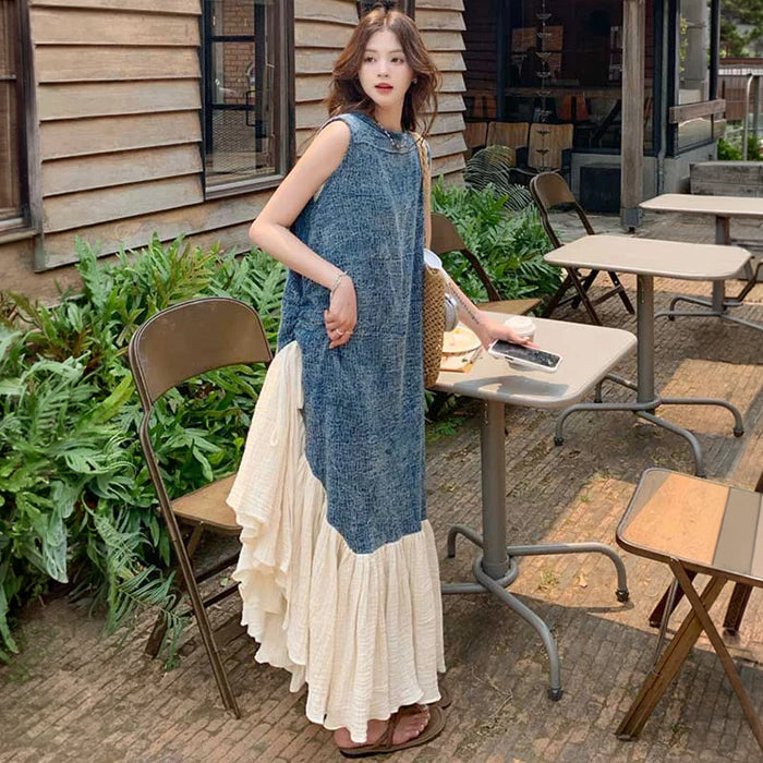 ④ジップアップ異素材ミックス切替ロングワンピース 異素材切り替えロングワンピース（青）春/夏 異素材の組み合わせがおしゃれ