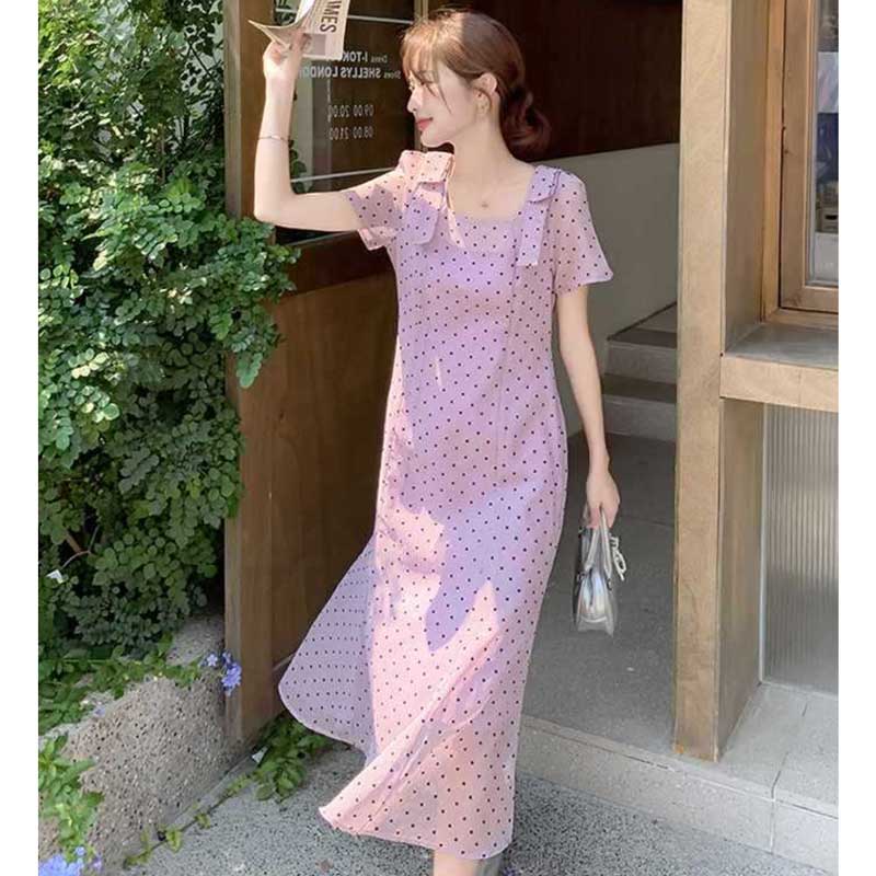 ショルダーリボンドットワンピース