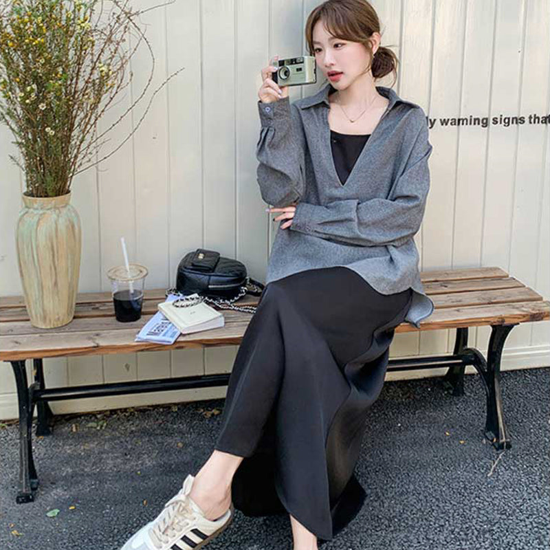 スキッパーシャツ×キャミソールワンピース