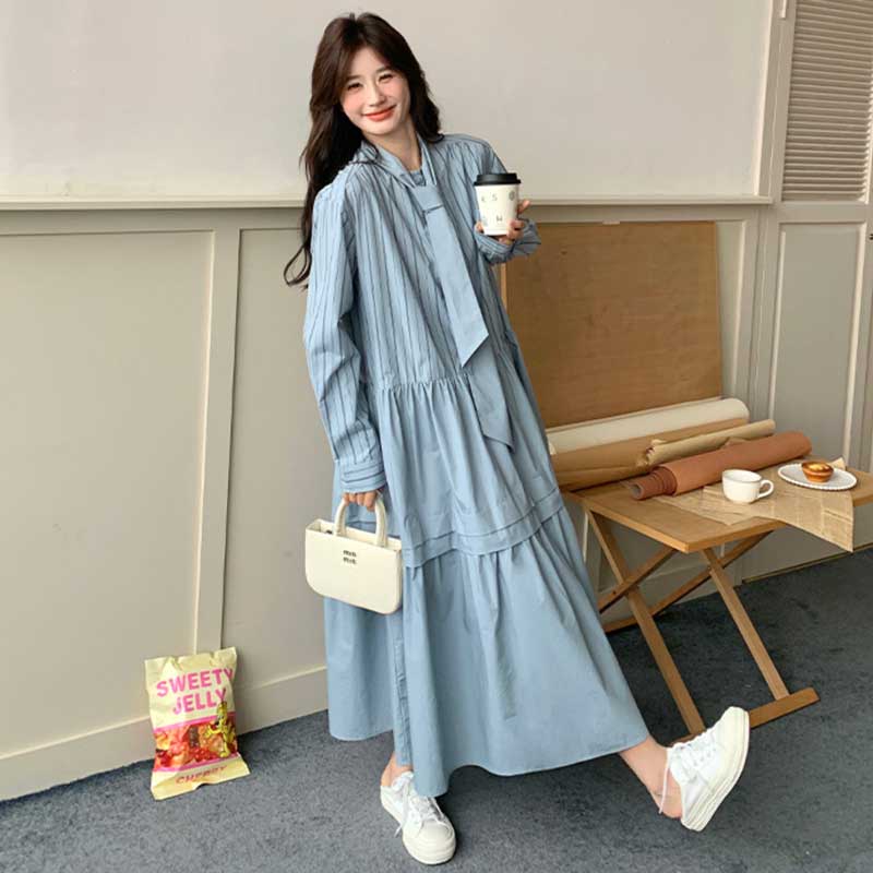 リボンタイストライプシャツワンピース