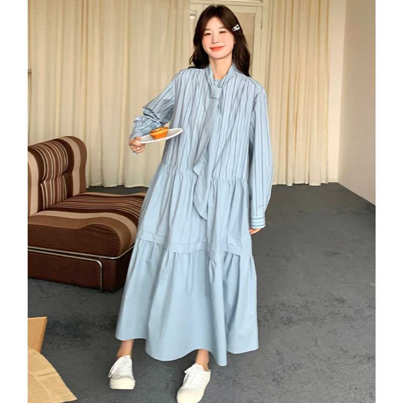 リボンタイストライプシャツワンピース