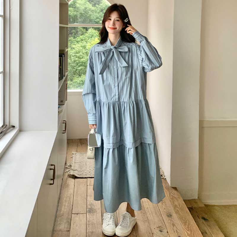 リボンタイストライプシャツワンピース