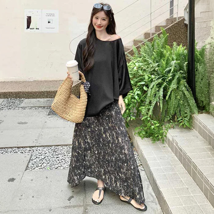 オーバーサイズトップス×スリットロングスカート