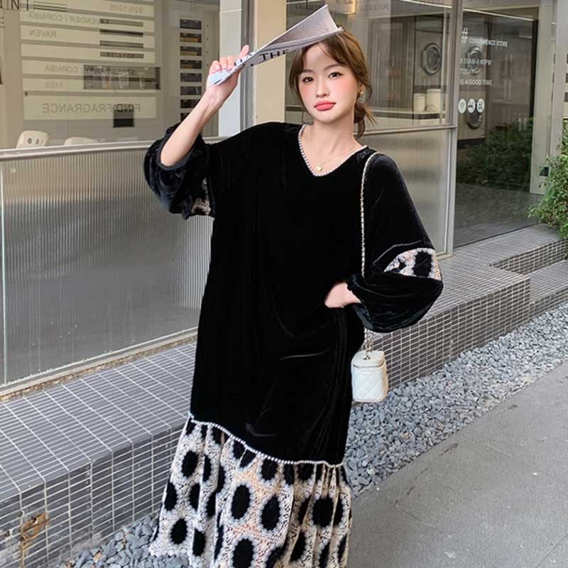 【即納】裾フレアベロアワンピース