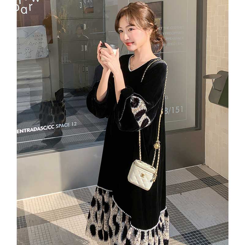 【即納】裾フレアベロアワンピース