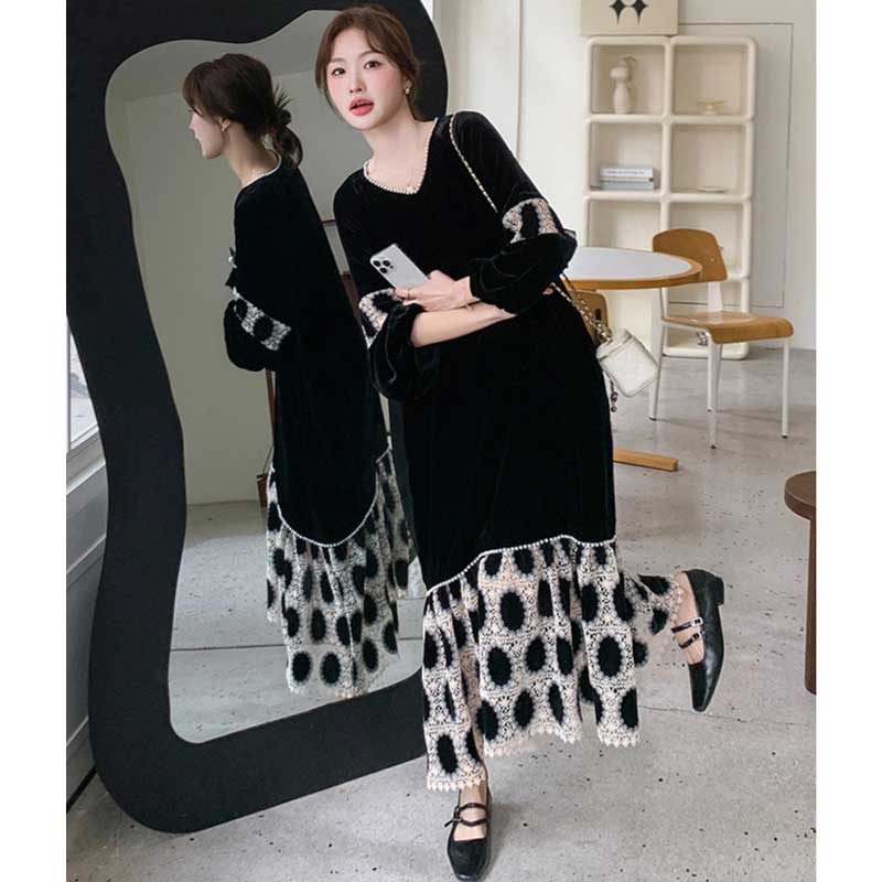 【即納】裾フレアベロアワンピース