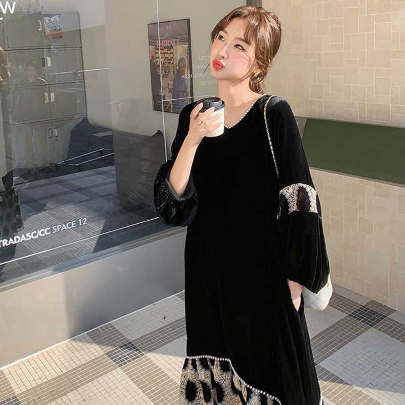 【即納】裾フレアベロアワンピース