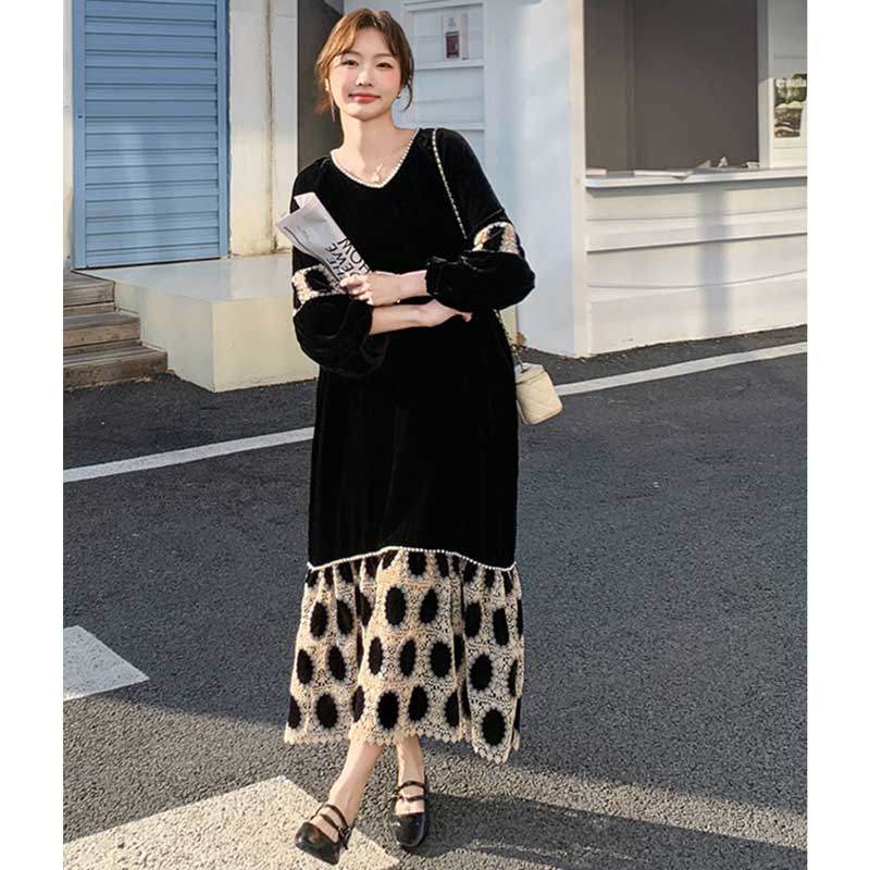 【即納】裾フレアベロアワンピース