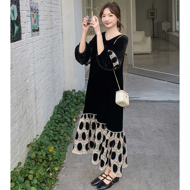 【即納】裾フレアベロアワンピース