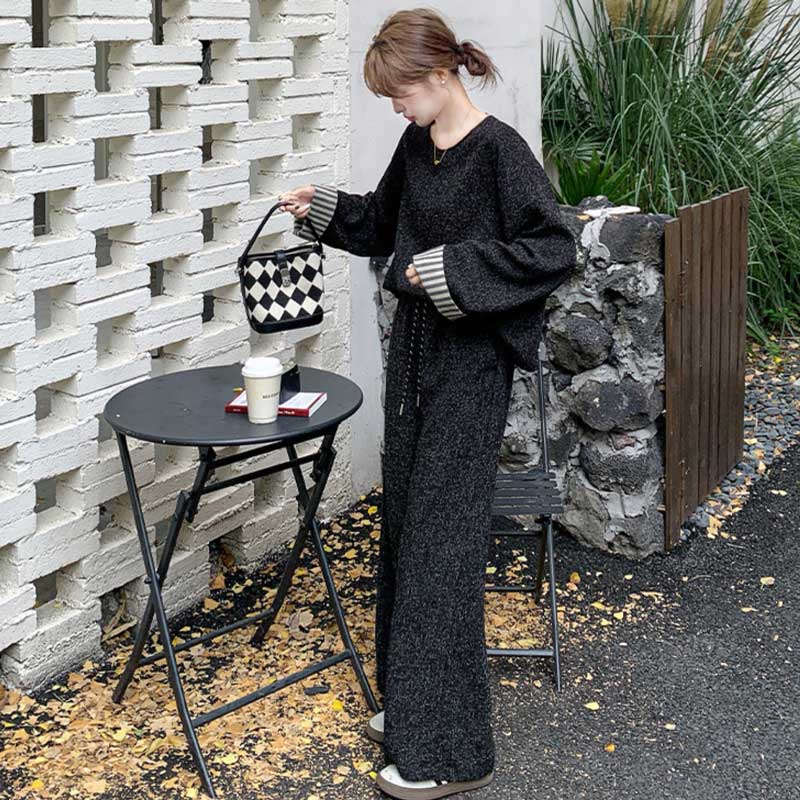 【即納】ブラックカジュアルワイドセットアップ